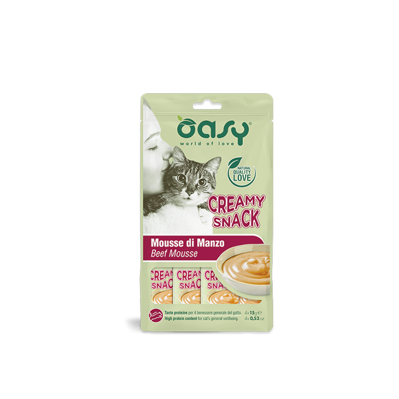 Oasy snack per Gatti Creamy snack Gatto Mousse di Manzo 4 pezzi da 15g