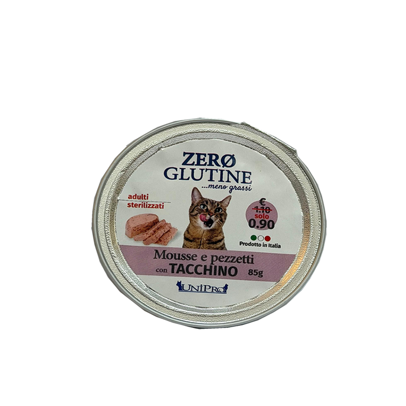 Zero Glutine Mousse e Pezzetti con Tacchino 85g Gatti Adulti / Sterilizzati